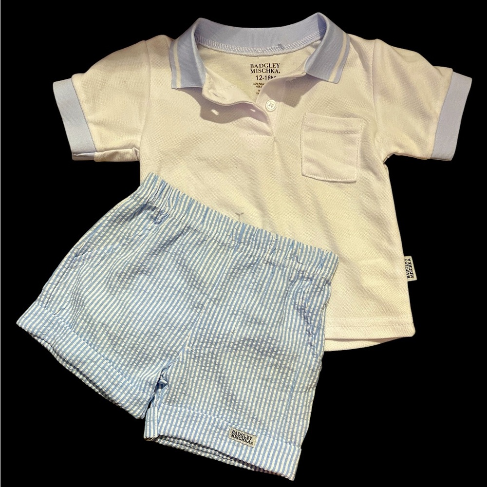 Badgley Mischka Kids Polo Set in White and Light Blue